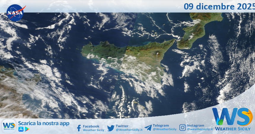 Meteo Sicilia: immagine satellitare Nasa di martedì 09 dicembre 2025