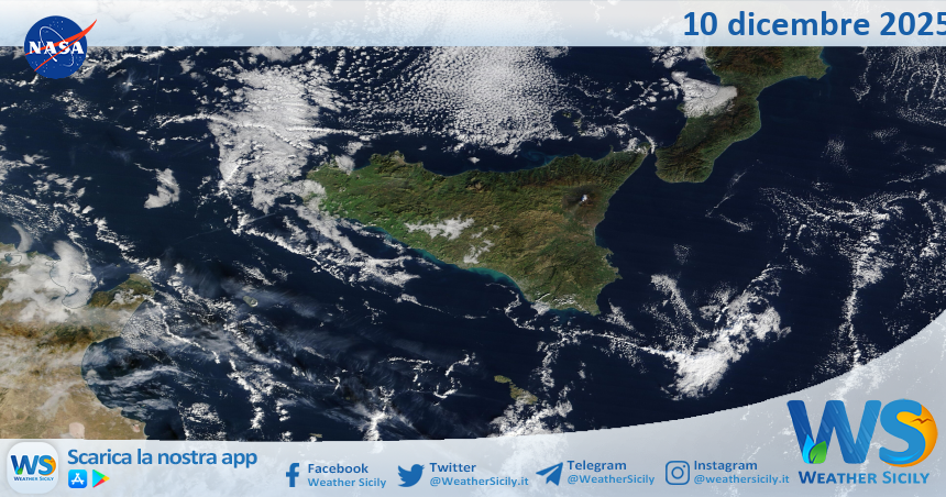 Meteo Sicilia: immagine satellitare Nasa di mercoledì 10 dicembre 2025