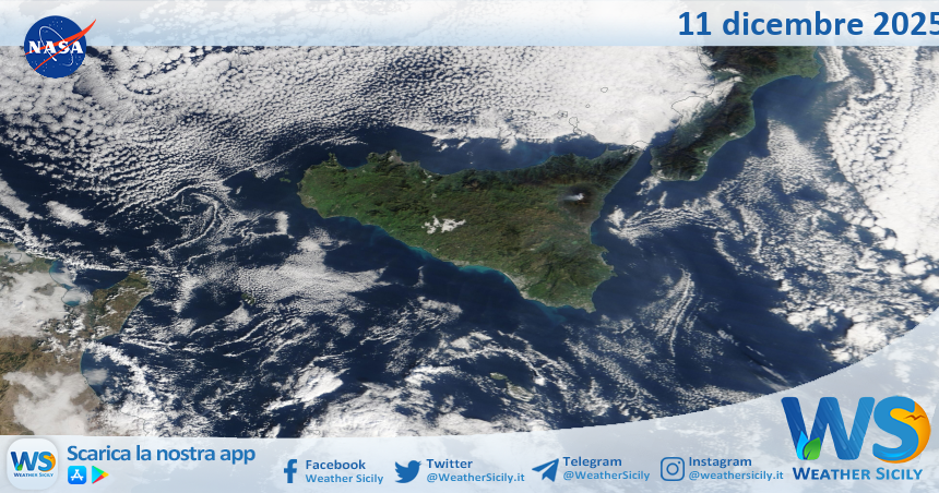 Meteo Sicilia: immagine satellitare Nasa di giovedì 11 dicembre 2025