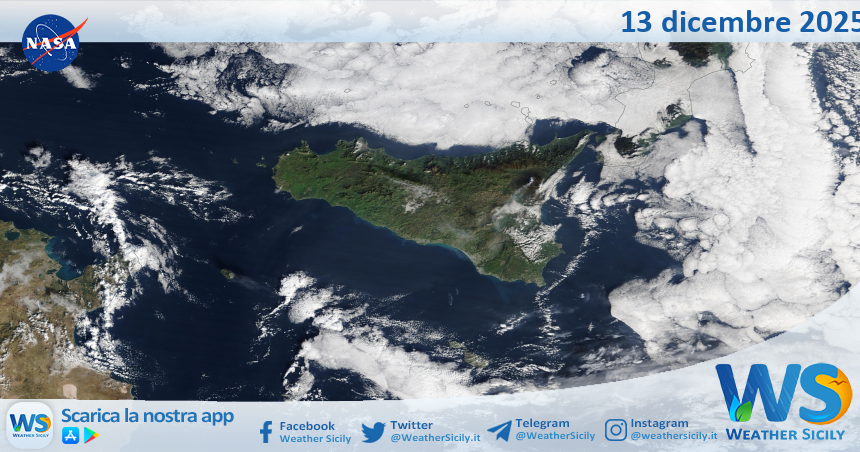 Meteo Sicilia: immagine satellitare Nasa di sabato 13 dicembre 2025