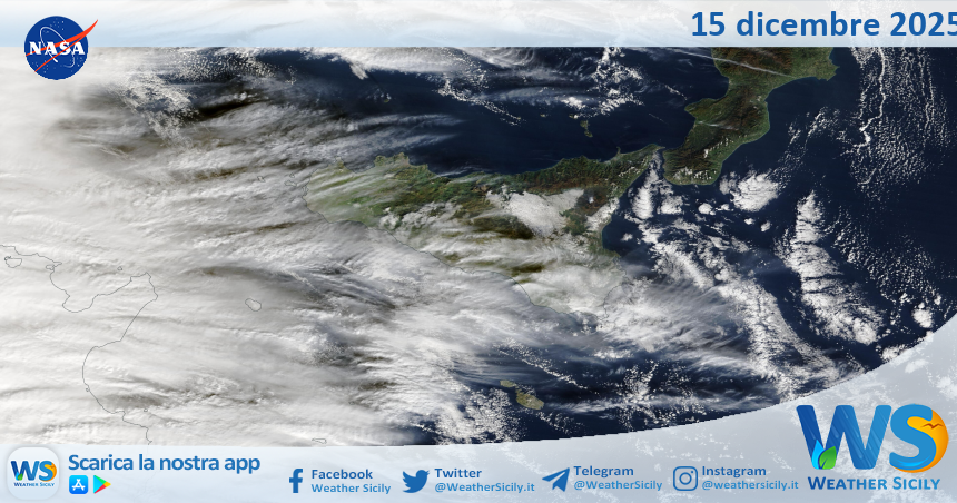 Meteo Sicilia: immagine satellitare Nasa di lunedì 15 dicembre 2025