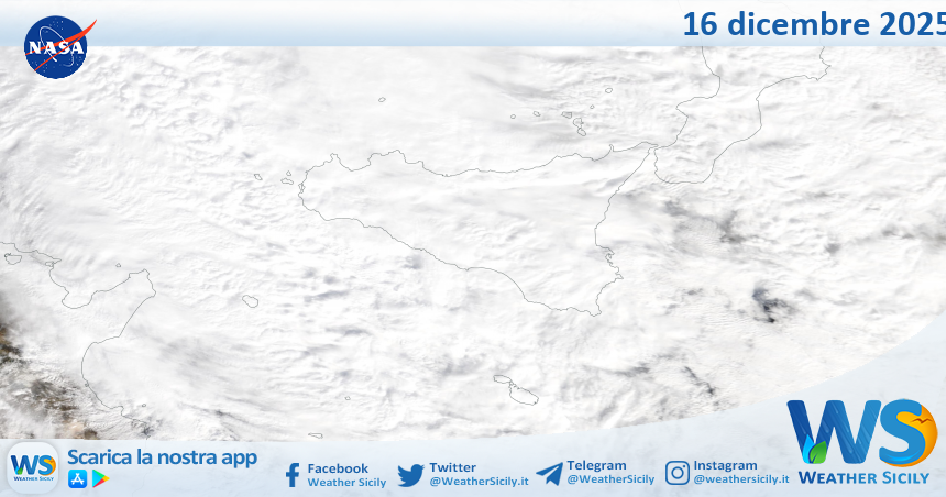 Meteo Sicilia: immagine satellitare Nasa di martedì 16 dicembre 2025