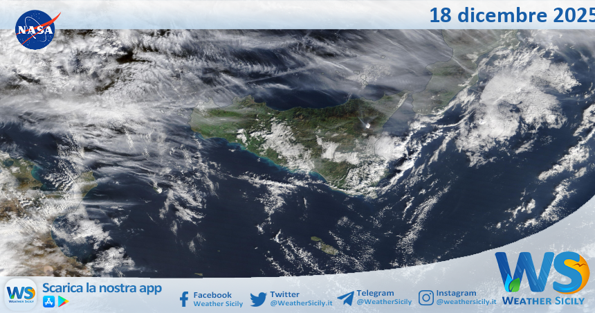 Meteo Sicilia: immagine satellitare Nasa di giovedì 18 dicembre 2025