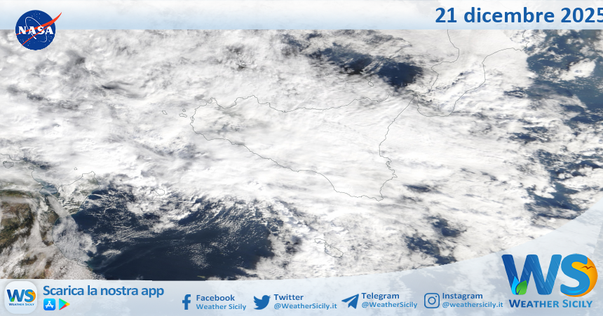 Meteo Sicilia: immagine satellitare Nasa di domenica 21 dicembre 2025