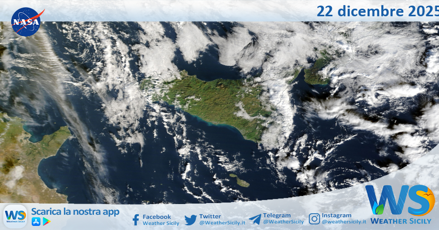 Meteo Sicilia: immagine satellitare Nasa di lunedì 22 dicembre 2025