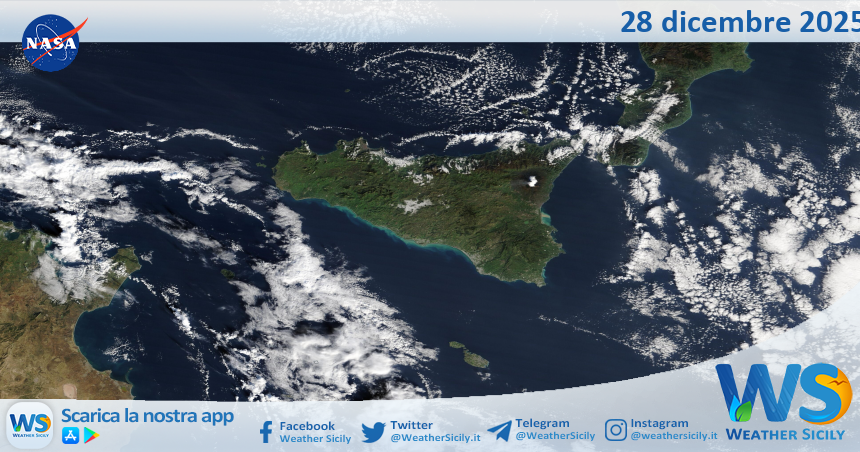 Meteo Sicilia: immagine satellitare Nasa di domenica 28 dicembre 2025