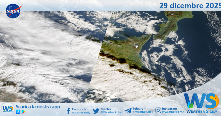 Meteo Sicilia: immagine satellitare Nasa di lunedì 29 dicembre 2025