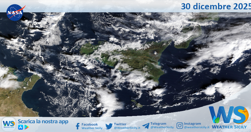 Meteo Sicilia: immagine satellitare Nasa di martedì 30 dicembre 2025