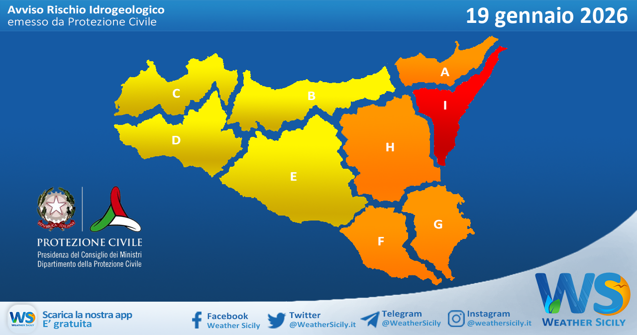Meteo Sicilia: bollettino di allerta meteo per domani, lunedì 19 gennaio 2026