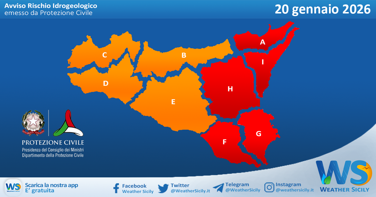 Meteo Sicilia: bollettino di allerta meteo per domani, martedì 20 gennaio 2026