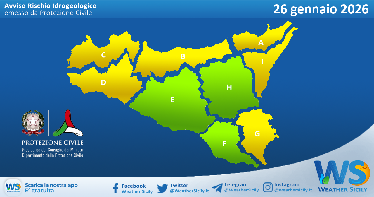 Meteo Sicilia: bollettino di allerta meteo per domani, lunedì 26 gennaio 2026