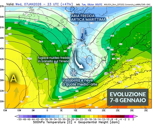 Sicilia: breve impulso freddo artico, attesa instabilità con forti venti e neve a quote medio-alte