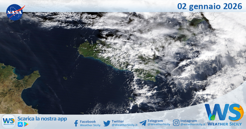 Meteo Sicilia: immagine satellitare Nasa di venerdì 02 gennaio 2026