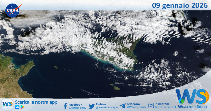 Meteo Sicilia: immagine satellitare Nasa di venerdì 09 gennaio 2026