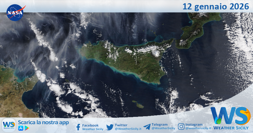 Meteo Sicilia: immagine satellitare Nasa di lunedì 12 gennaio 2026