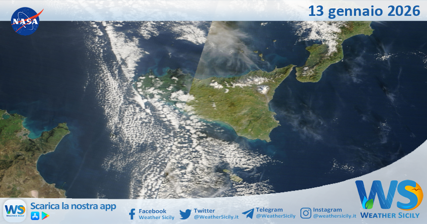Meteo Sicilia: immagine satellitare Nasa di martedì 13 gennaio 2026