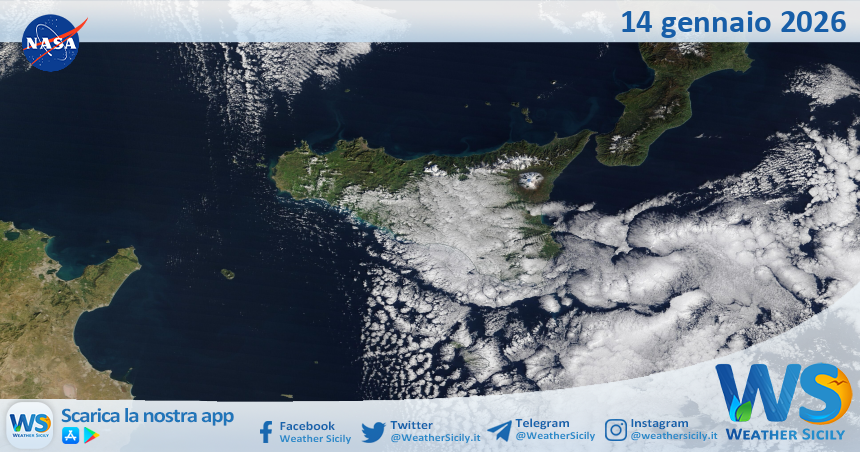 Meteo Sicilia: immagine satellitare Nasa di mercoledì 14 gennaio 2026
