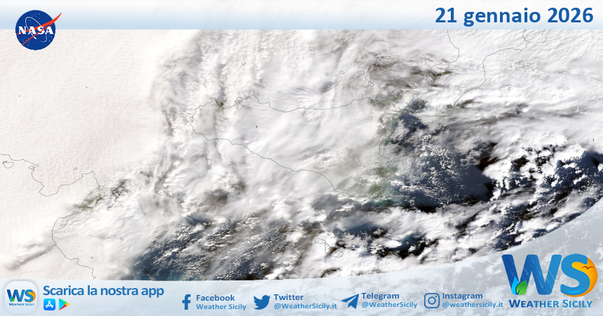 Meteo Sicilia: immagine satellitare Nasa di mercoledì 21 gennaio 2026