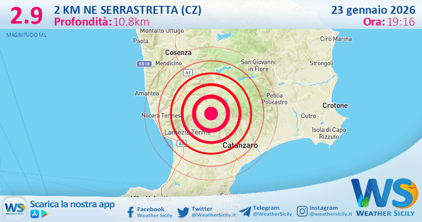 Scossa di terremoto magnitudo 2.9 nei pressi di Serrastretta (CZ)