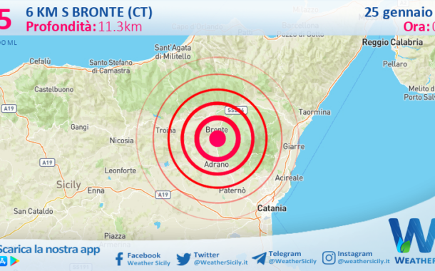 Scossa di terremoto magnitudo 2.5 nei pressi di Bronte (CT)