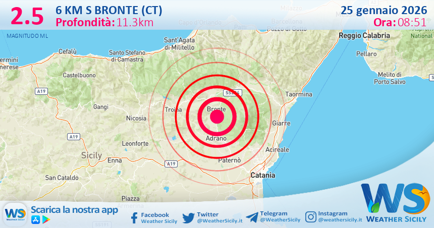 Scossa di terremoto magnitudo 2.5 nei pressi di Bronte (CT)