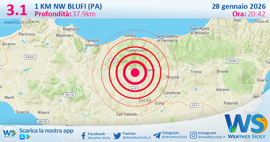 Scossa di terremoto magnitudo 3.1 nei pressi di Blufi (PA)