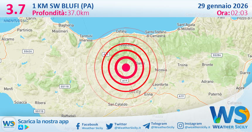 Scossa di terremoto magnitudo 3.7 nei pressi di Blufi (PA)
