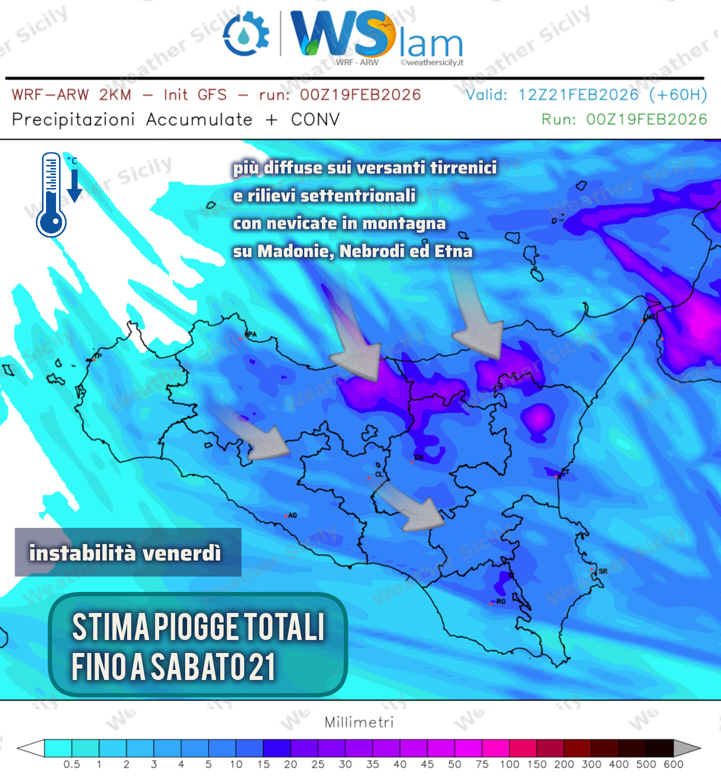 Meteo Sicilia: breve parentesi invernale venerdì. Atteso un crollo termico, piogge e qualche nevicata in montagna