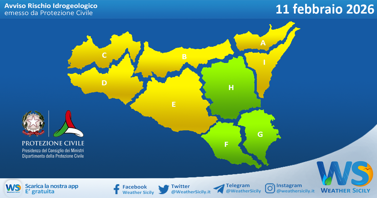 Meteo Sicilia: bollettino di allerta meteo per domani, mercoledì 11 febbraio 2026