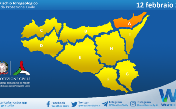 Meteo Sicilia: bollettino di allerta meteo per domani, giovedì 12 febbraio 2026
