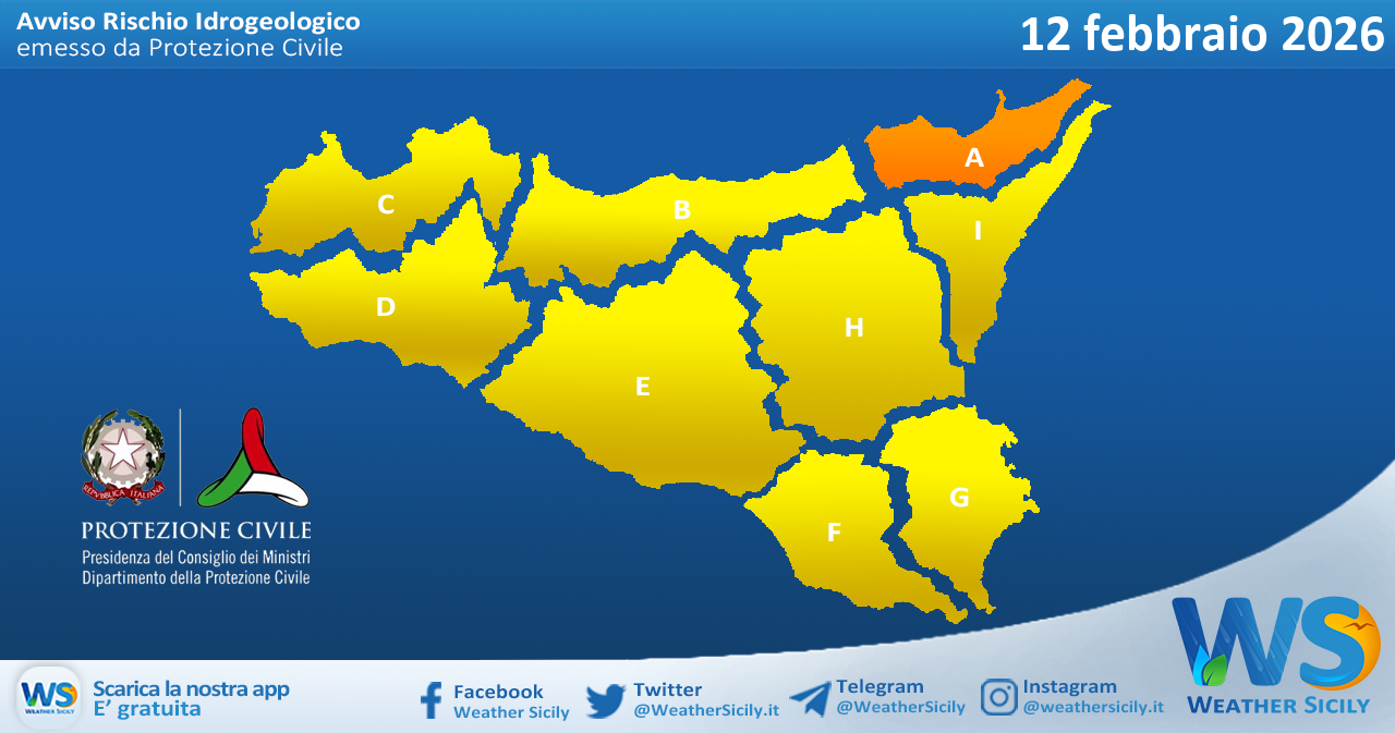 Meteo Sicilia: bollettino di allerta meteo per domani, giovedì 12 febbraio 2026