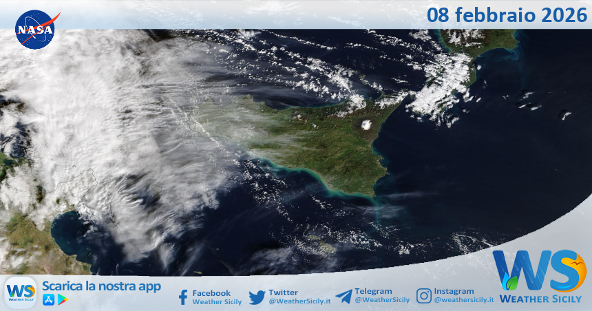 Meteo Sicilia: immagine satellitare Nasa di domenica 08 febbraio 2026