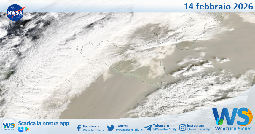 Meteo Sicilia: immagine satellitare Nasa di sabato 14 febbraio 2026