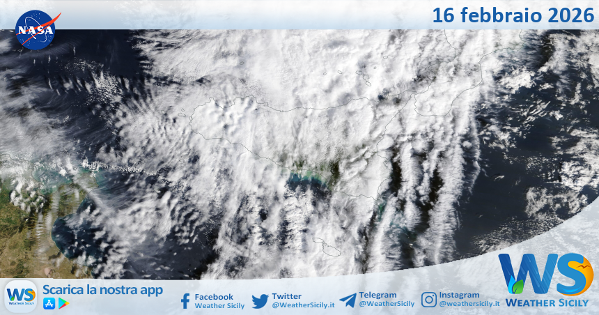 Meteo Sicilia: immagine satellitare Nasa di lunedì 16 febbraio 2026