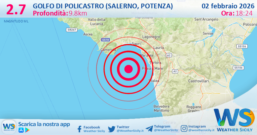 Scossa di terremoto magnitudo 2.7 nei pressi di Golfo di Policastro (Salerno, Potenza)