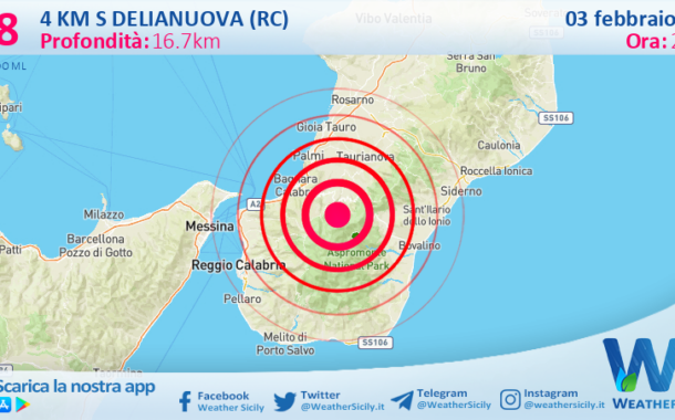 Scossa di terremoto magnitudo 2.8 nei pressi di Delianuova (RC)
