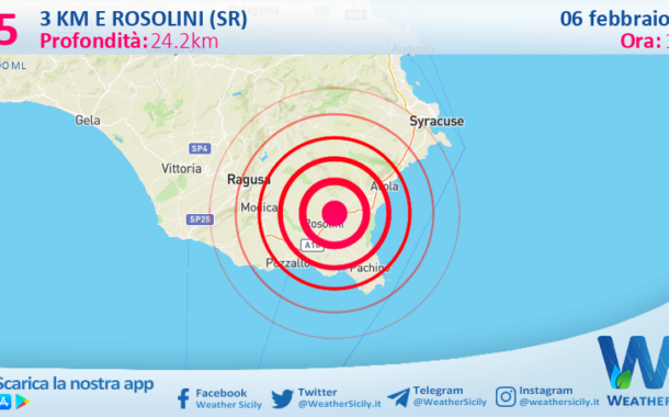 Scossa di terremoto magnitudo 2.5 nei pressi di Rosolini (SR)
