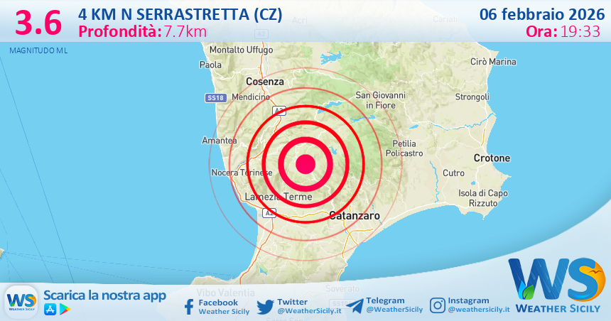 Scossa di terremoto magnitudo 3.6 nei pressi di Serrastretta (CZ)