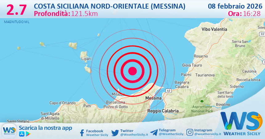 Scossa di terremoto magnitudo 2.7 nei pressi di Costa Siciliana nord-orientale (Messina)