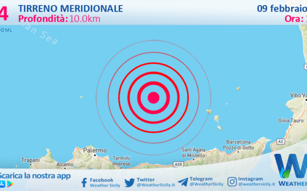 Scossa di terremoto magnitudo 3.4 nel Tirreno Meridionale (MARE)