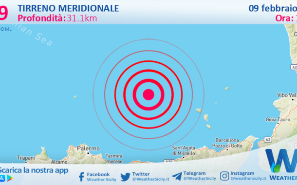 Scossa di terremoto magnitudo 2.9 nel Tirreno Meridionale (MARE)