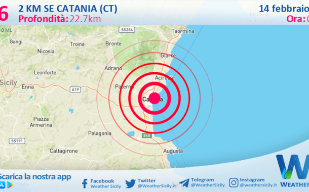 Scossa di terremoto magnitudo 2.6 nei pressi di Catania (CT)