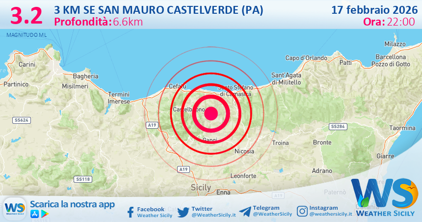 Scossa di terremoto magnitudo 3.2 nei pressi di San Mauro Castelverde (PA)