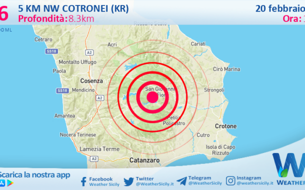 Scossa di terremoto magnitudo 2.6 nei pressi di Cotronei (KR)