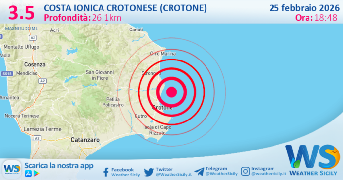 Scossa di terremoto magnitudo 3.5 nei pressi di Costa Ionica Crotonese (Crotone)