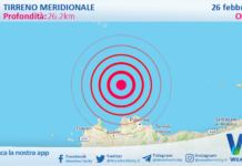 Scossa di terremoto magnitudo 2.6 nel Tirreno Meridionale (MARE)