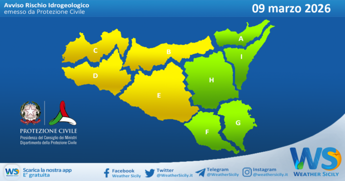 Meteo Sicilia: bollettino di allerta meteo per domani, lunedì 09 marzo 2026