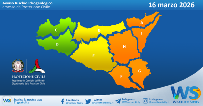Meteo Sicilia: bollettino di allerta meteo per domani, lunedì 16 marzo 2026