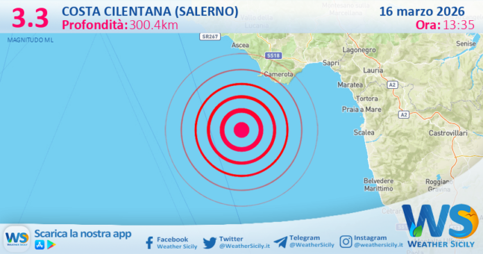 Scossa di terremoto magnitudo 3.3 nei pressi di Costa Cilentana (Salerno)