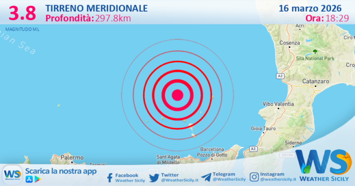 Scossa di terremoto magnitudo 3.8 nel Tirreno Meridionale (MARE)